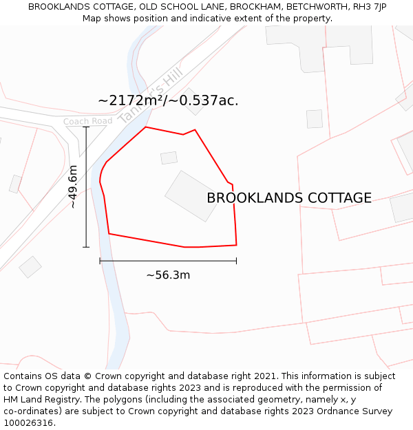 BROOKLANDS COTTAGE, OLD SCHOOL LANE, BROCKHAM, BETCHWORTH, RH3 7JP: Plot and title map