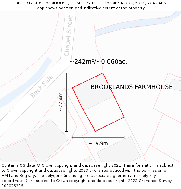 BROOKLANDS FARMHOUSE, CHAPEL STREET, BARMBY MOOR, YORK, YO42 4EN: Plot and title map