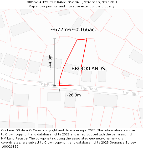 BROOKLANDS, THE RANK, GNOSALL, STAFFORD, ST20 0BU: Plot and title map