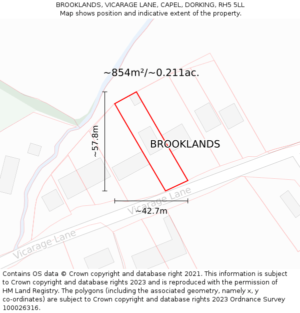 BROOKLANDS, VICARAGE LANE, CAPEL, DORKING, RH5 5LL: Plot and title map