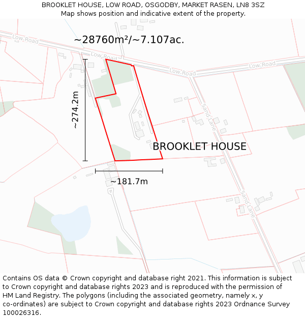 BROOKLET HOUSE, LOW ROAD, OSGODBY, MARKET RASEN, LN8 3SZ: Plot and title map