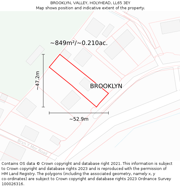 BROOKLYN, VALLEY, HOLYHEAD, LL65 3EY: Plot and title map