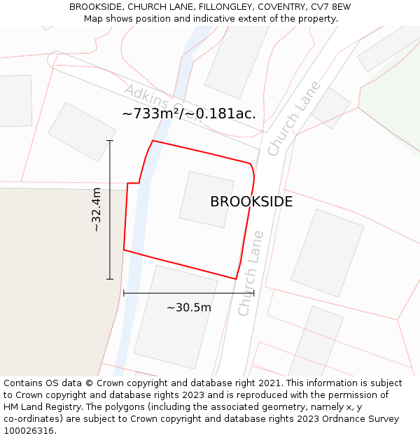 BROOKSIDE, CHURCH LANE, FILLONGLEY, COVENTRY, CV7 8EW: Plot and title map