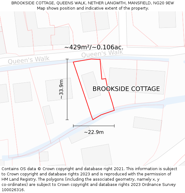 BROOKSIDE COTTAGE, QUEENS WALK, NETHER LANGWITH, MANSFIELD, NG20 9EW: Plot and title map