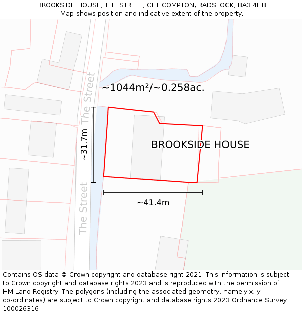 BROOKSIDE HOUSE, THE STREET, CHILCOMPTON, RADSTOCK, BA3 4HB: Plot and title map