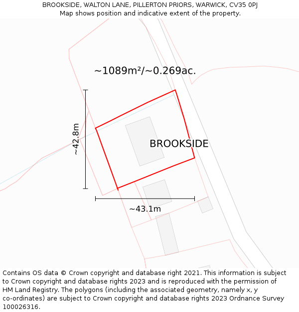 BROOKSIDE, WALTON LANE, PILLERTON PRIORS, WARWICK, CV35 0PJ: Plot and title map