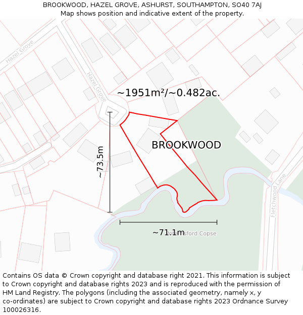 BROOKWOOD, HAZEL GROVE, ASHURST, SOUTHAMPTON, SO40 7AJ: Plot and title map