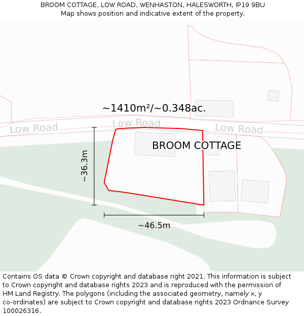 BROOM COTTAGE, LOW ROAD, WENHASTON, HALESWORTH, IP19 9BU: Plot and title map