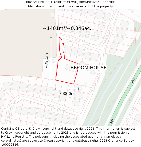 BROOM HOUSE, HANBURY CLOSE, BROMSGROVE, B60 2BB: Plot and title map