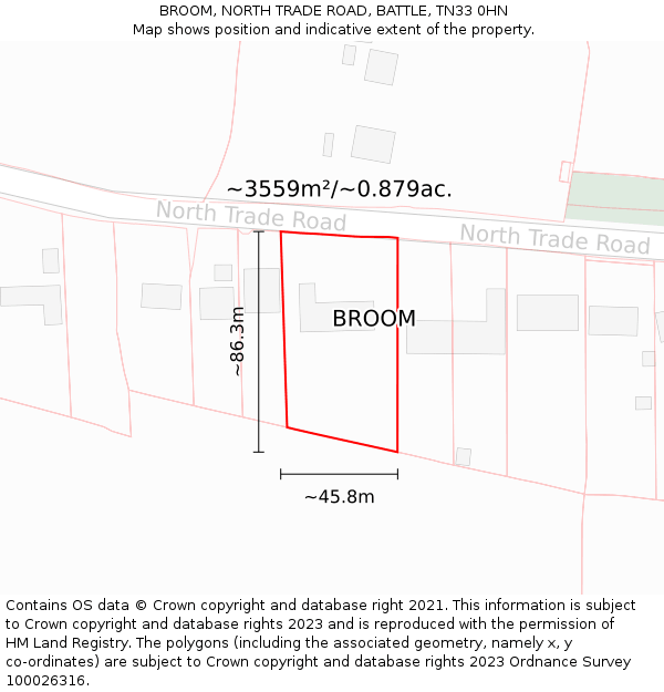 BROOM, NORTH TRADE ROAD, BATTLE, TN33 0HN: Plot and title map