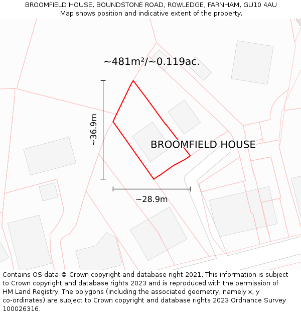 BROOMFIELD HOUSE, BOUNDSTONE ROAD, ROWLEDGE, FARNHAM, GU10 4AU: Plot and title map