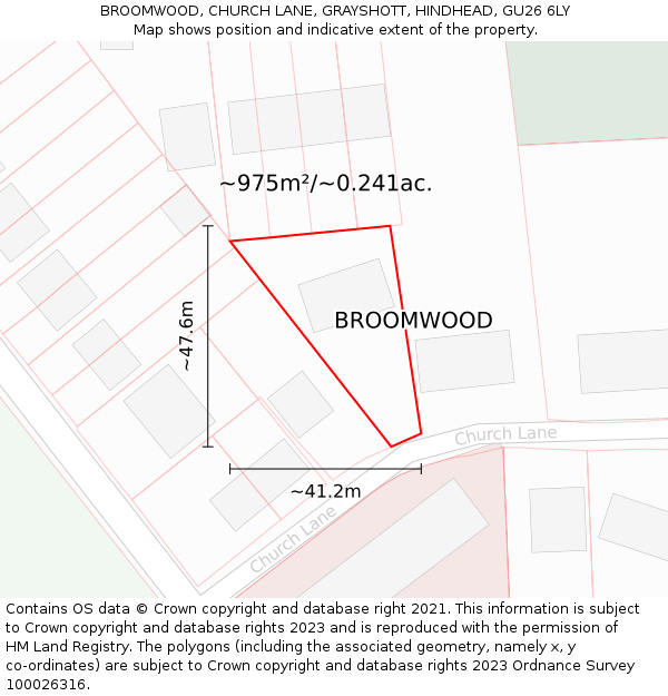 BROOMWOOD, CHURCH LANE, GRAYSHOTT, HINDHEAD, GU26 6LY: Plot and title map