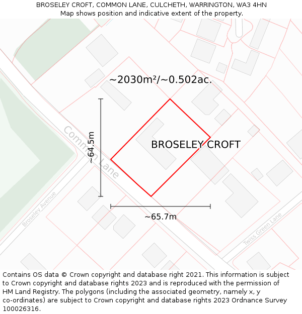 BROSELEY CROFT, COMMON LANE, CULCHETH, WARRINGTON, WA3 4HN: Plot and title map