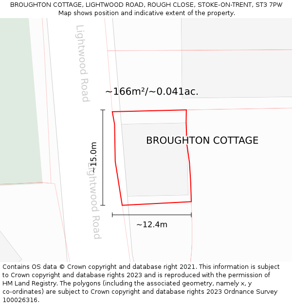 BROUGHTON COTTAGE, LIGHTWOOD ROAD, ROUGH CLOSE, STOKE-ON-TRENT, ST3 7PW: Plot and title map