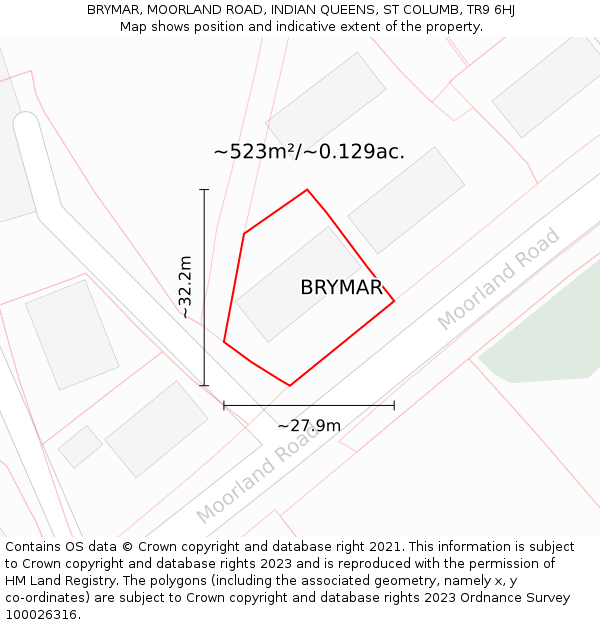 BRYMAR, MOORLAND ROAD, INDIAN QUEENS, ST COLUMB, TR9 6HJ: Plot and title map