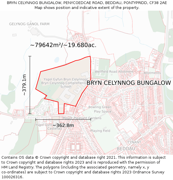 BRYN CELYNNOG BUNGALOW, PENYCOEDCAE ROAD, BEDDAU, PONTYPRIDD, CF38 2AE: Plot and title map