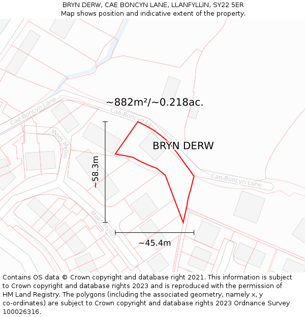 BRYN DERW, CAE BONCYN LANE, LLANFYLLIN, SY22 5ER: Plot and title map