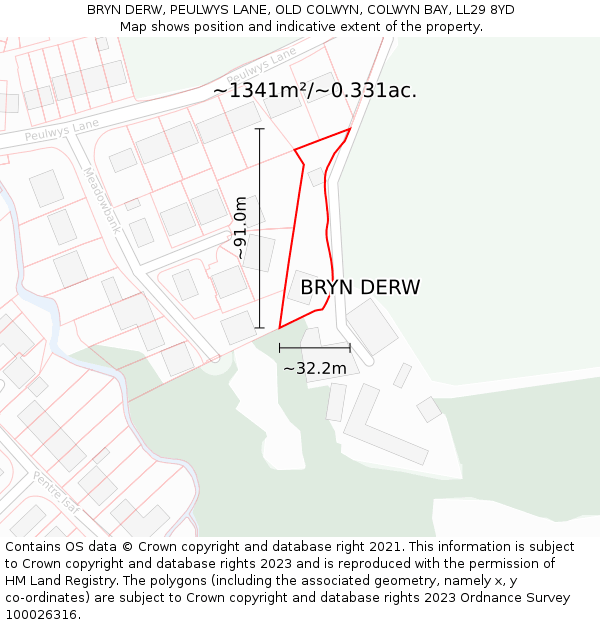 BRYN DERW, PEULWYS LANE, OLD COLWYN, COLWYN BAY, LL29 8YD: Plot and title map