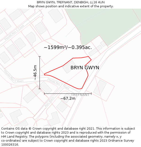 BRYN GWYN, TREFNANT, DENBIGH, LL16 4UN: Plot and title map