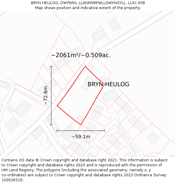 BRYN HEULOG, DWYRAN, LLANFAIRPWLLGWYNGYLL, LL61 6YB: Plot and title map