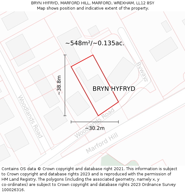 BRYN HYFRYD, MARFORD HILL, MARFORD, WREXHAM, LL12 8SY: Plot and title map