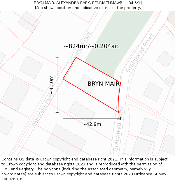 BRYN MAIR, ALEXANDRA PARK, PENMAENMAWR, LL34 6YH: Plot and title map