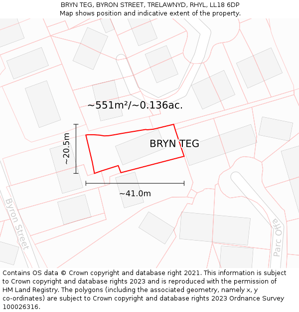 BRYN TEG, BYRON STREET, TRELAWNYD, RHYL, LL18 6DP: Plot and title map