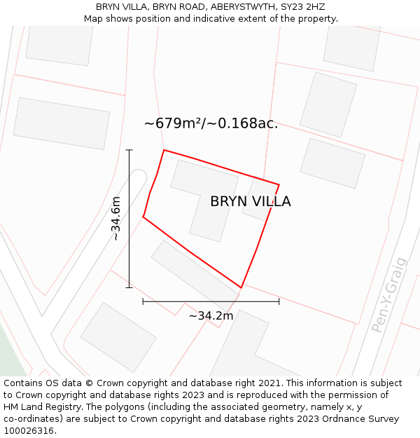 BRYN VILLA, BRYN ROAD, ABERYSTWYTH, SY23 2HZ: Plot and title map