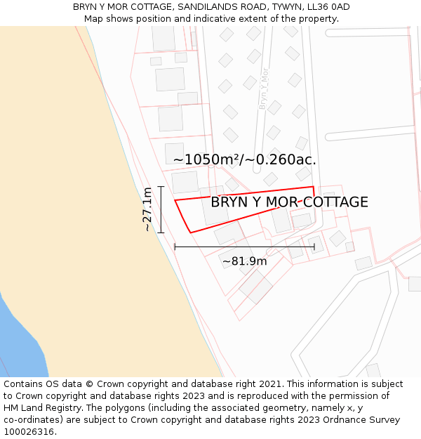 BRYN Y MOR COTTAGE, SANDILANDS ROAD, TYWYN, LL36 0AD: Plot and title map