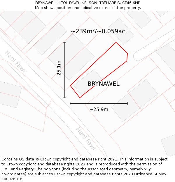 BRYNAWEL, HEOL FAWR, NELSON, TREHARRIS, CF46 6NP: Plot and title map