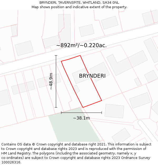 BRYNDERI, TAVERNSPITE, WHITLAND, SA34 0NL: Plot and title map