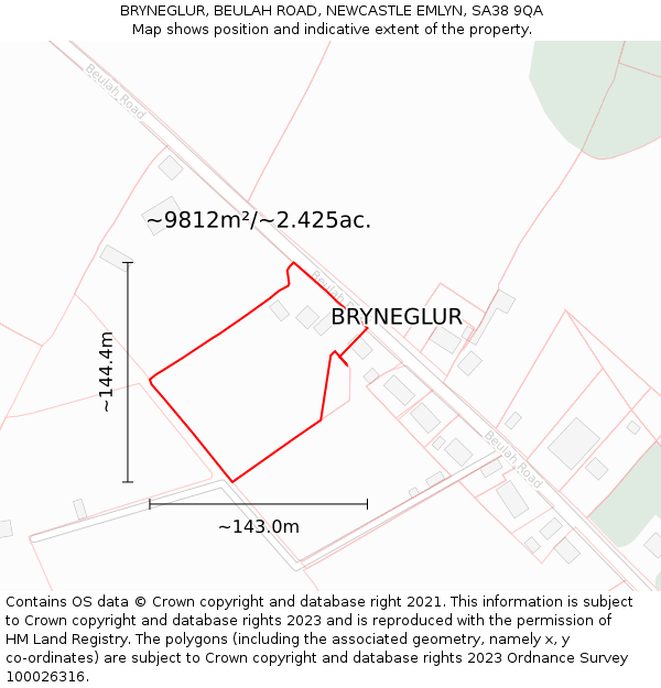 BRYNEGLUR, BEULAH ROAD, NEWCASTLE EMLYN, SA38 9QA: Plot and title map