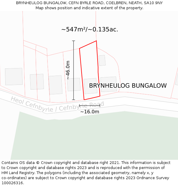 BRYNHEULOG BUNGALOW, CEFN BYRLE ROAD, COELBREN, NEATH, SA10 9NY: Plot and title map