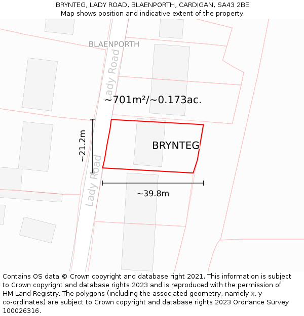 BRYNTEG, LADY ROAD, BLAENPORTH, CARDIGAN, SA43 2BE: Plot and title map