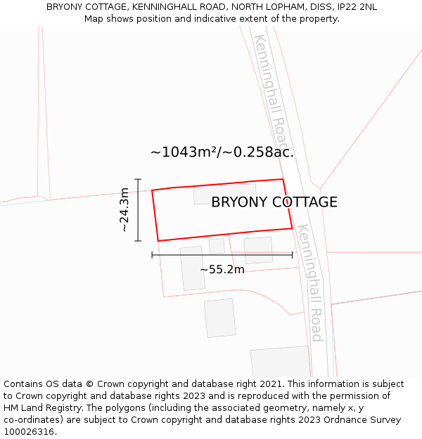 BRYONY COTTAGE, KENNINGHALL ROAD, NORTH LOPHAM, DISS, IP22 2NL: Plot and title map