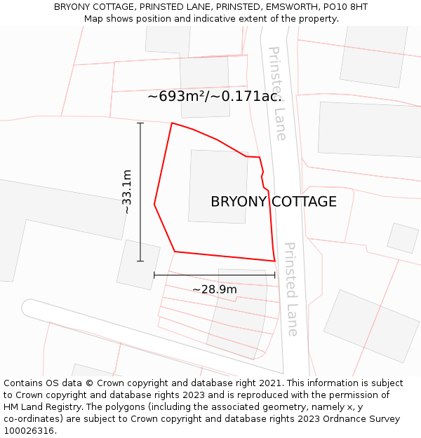 BRYONY COTTAGE, PRINSTED LANE, PRINSTED, EMSWORTH, PO10 8HT: Plot and title map