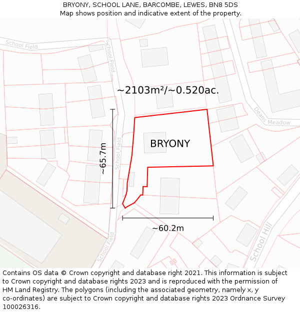 BRYONY, SCHOOL LANE, BARCOMBE, LEWES, BN8 5DS: Plot and title map