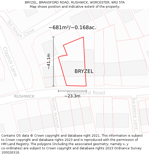 BRYZEL, BRANSFORD ROAD, RUSHWICK, WORCESTER, WR2 5TA: Plot and title map