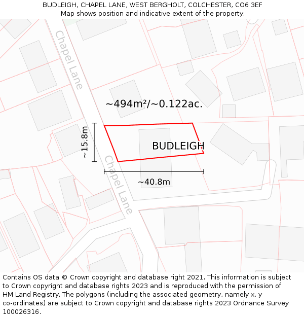 BUDLEIGH, CHAPEL LANE, WEST BERGHOLT, COLCHESTER, CO6 3EF: Plot and title map