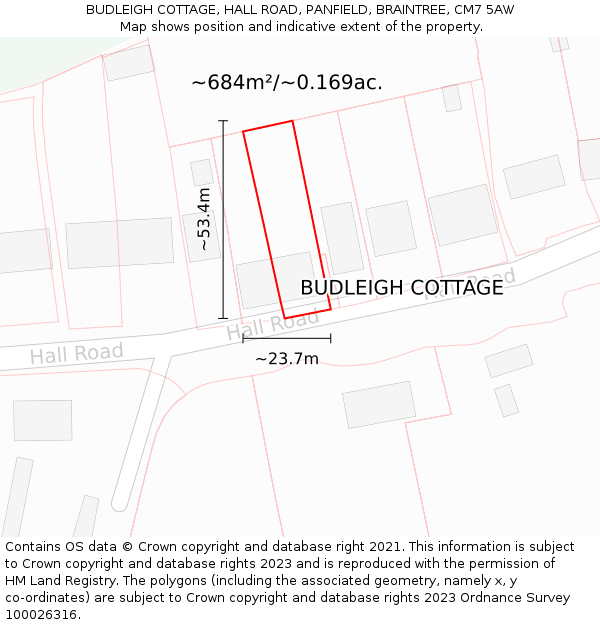 BUDLEIGH COTTAGE, HALL ROAD, PANFIELD, BRAINTREE, CM7 5AW: Plot and title map