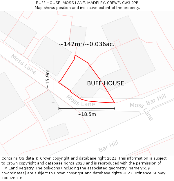 BUFF HOUSE, MOSS LANE, MADELEY, CREWE, CW3 9PR: Plot and title map