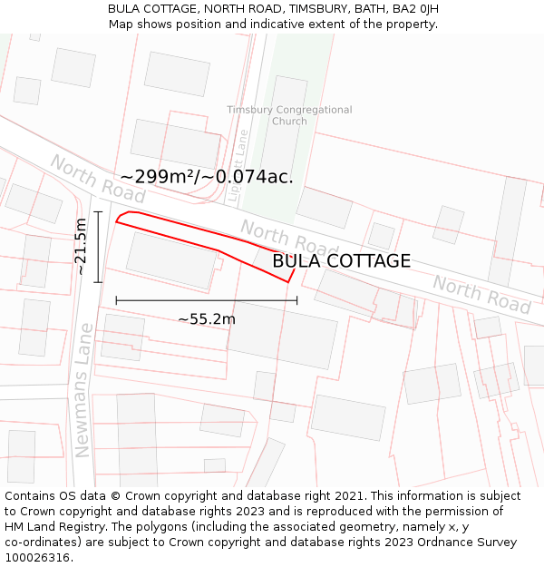 BULA COTTAGE, NORTH ROAD, TIMSBURY, BATH, BA2 0JH: Plot and title map