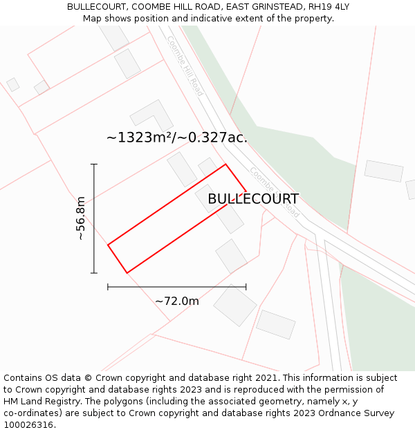 BULLECOURT, COOMBE HILL ROAD, EAST GRINSTEAD, RH19 4LY: Plot and title map