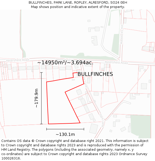 BULLFINCHES, PARK LANE, ROPLEY, ALRESFORD, SO24 0EH: Plot and title map