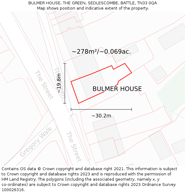 BULMER HOUSE, THE GREEN, SEDLESCOMBE, BATTLE, TN33 0QA: Plot and title map