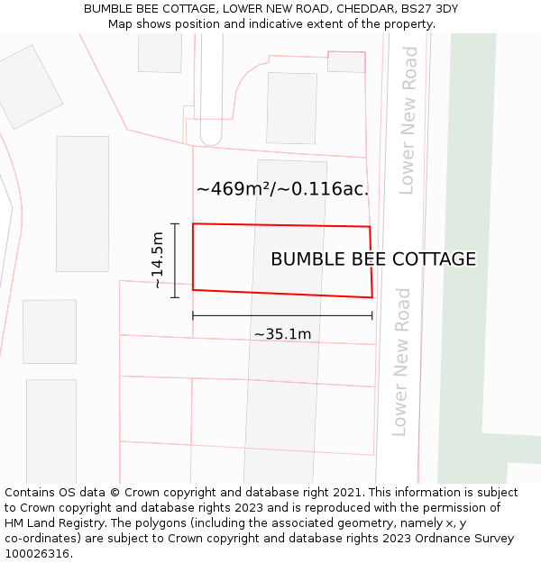 BUMBLE BEE COTTAGE, LOWER NEW ROAD, CHEDDAR, BS27 3DY: Plot and title map
