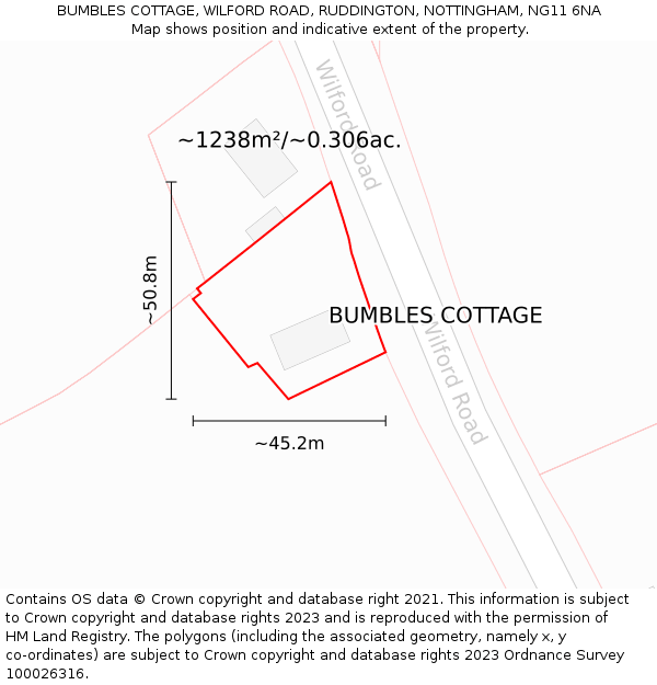 BUMBLES COTTAGE, WILFORD ROAD, RUDDINGTON, NOTTINGHAM, NG11 6NA: Plot and title map