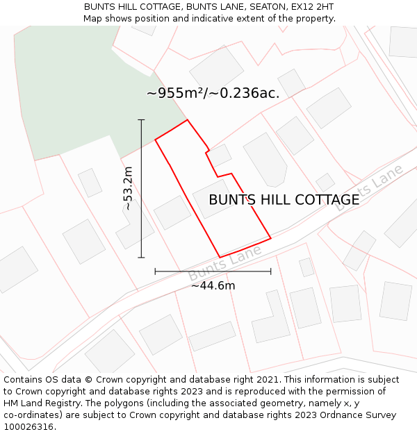 BUNTS HILL COTTAGE, BUNTS LANE, SEATON, EX12 2HT: Plot and title map