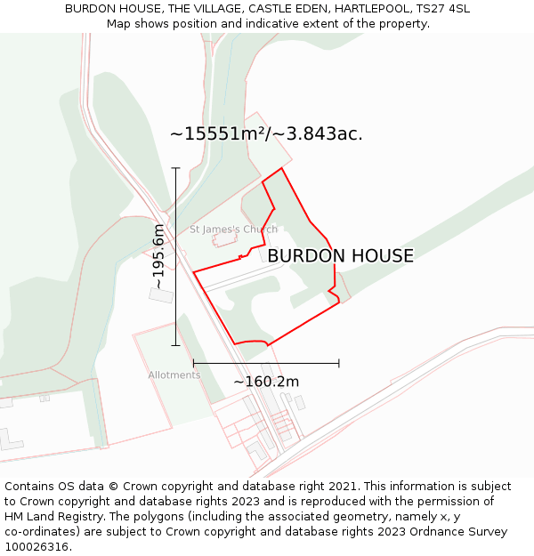 BURDON HOUSE, THE VILLAGE, CASTLE EDEN, HARTLEPOOL, TS27 4SL: Plot and title map