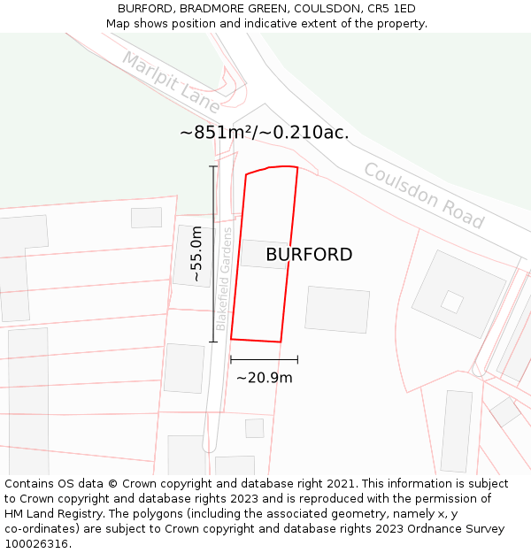 BURFORD, BRADMORE GREEN, COULSDON, CR5 1ED: Plot and title map